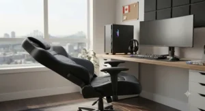 Highly adjustable gaming chair with Bluetooth speakers, perfect for long gaming sessions.