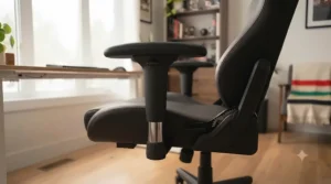 Detailed illustration showing 3D adjustable armrests and height control mechanisms on a PC gaming chair.