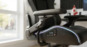 Detailed view of adjustable armrests and LED lighting controls on a high-quality gaming chair for Canadian gamers.