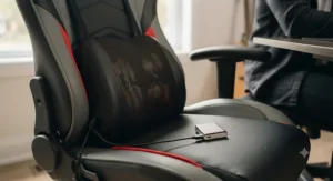 Close-up of the built-in USB massage lumbar cushion on an affordable gaming chair.