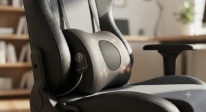 Close-up of the adjustable pneumatic lumbar massage cushion on a premium gaming chair designed for chronic back pain.