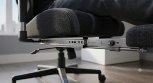 Close-up view of the smooth sliding mechanism on a gaming chair with a retractable footrest.
