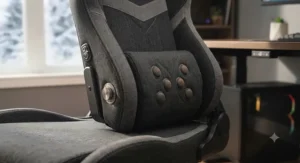 Close-up view of the adjustable lumbar support and built-in massage nodes on a premium gaming chair.
