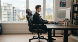 A value-focused massage gaming chair positioned at a sleek wooden desk in a Vancouver apartment.