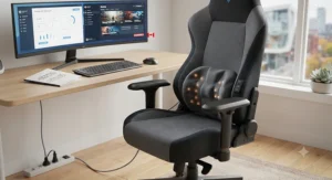 Comfortable gaming chair with integrated back pain relief massage system, ideal for Canadian remote workers and gamers.