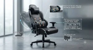 Detailed overview showcasing the multi-point vibration massage and adjustable armrests of a top gaming chair.