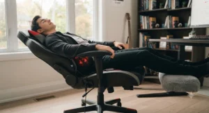 A budget-friendly gaming chair featuring an extensible footrest and soothing massage function.