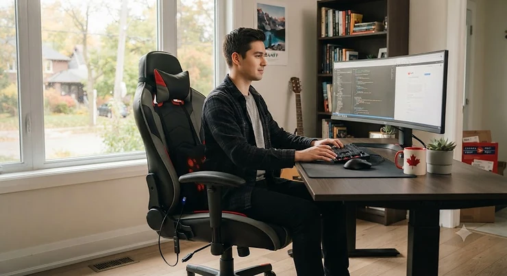A budget massage gaming chair set up in a modern Canadian home office with lumbar support and ergonomic design.