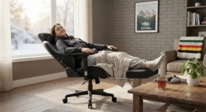 Person relaxing in a reclining gaming chair equipped with a convenient retractable footrest.