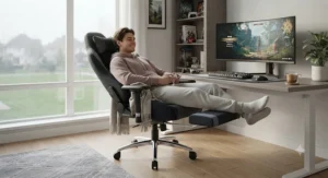Gamer relaxing comfortably with the footrest extended on a premium gaming chair during a weekend gaming session.