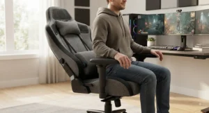 Comfortable gaming chair featuring built-in speakers, adjustable lumbar support, and breathable fabric.