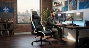 A high-back LED gaming chair designed for long streaming sessions in a stylish Montreal creative studio.