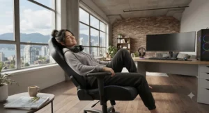 Person relaxing in a comfortable gaming chair with built-in speakers in a Vancouver loft.