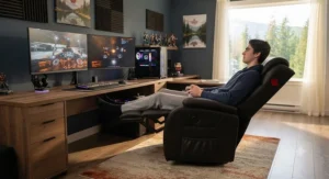 A comfortable reclining chair with footrest positioned in front of a dual-monitor PC setup for tall gamers.