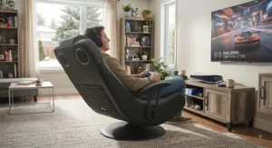 Immersive console gaming chair with built-in speakers and vibration feedback for realistic gameplay.