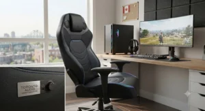 Durable faux leather gaming chair with integrated audio system for immersive gameplay.