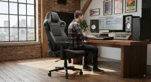 Durable gaming chair equipped with sound system speakers set in a creative Montreal studio.