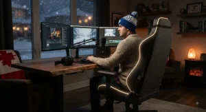 Durable LED gaming chair with premium materials perfect for staying comfortable during long Canadian winter streaming nights.