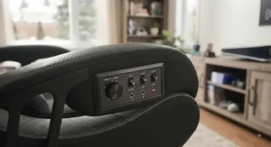 Detailed view of the audio control panel on a surround sound gaming chair for customizable console settings.
