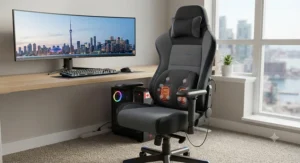 High-back ergonomic gaming chair featuring heated lumbar massage, set up in a modern Toronto home office workspace.