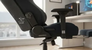 Close-up of a gaming chair with a footrest showing adjustable lumbar support and reclining angles.