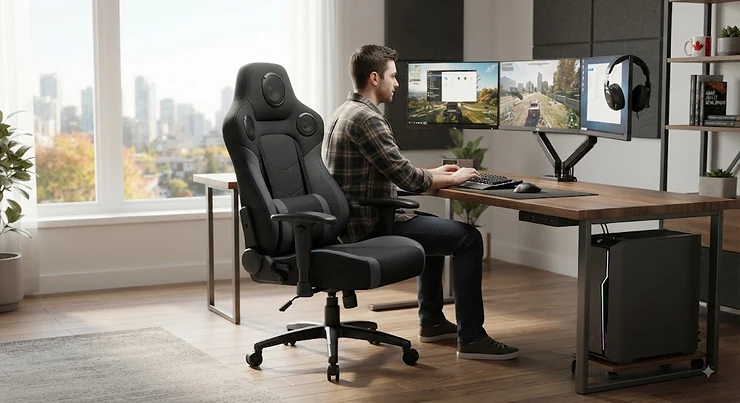 Ergonomic gaming chair with built-in speakers in a modern Canadian home office setup.