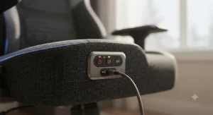 Close-up of integrated heating controls and USB power port on a comfortable home office chair.