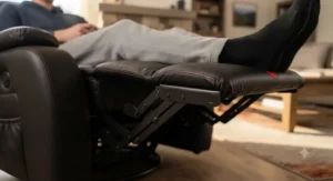 Ergonomic reclining chair with a retractable footrest and high backrest, ideal for tall players during long gaming sessions.
