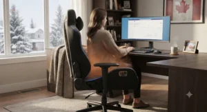 Professional gamer staying warm and focused in a heated gaming chair during a cold winter evening.