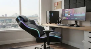 Modern gaming chair with built-in speakers and customizable RGB lighting.