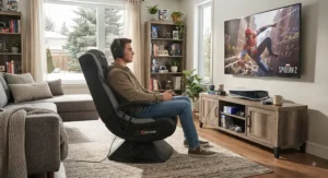 Gamer sitting in a surround sound chair experiencing high-quality audio while playing a console game.