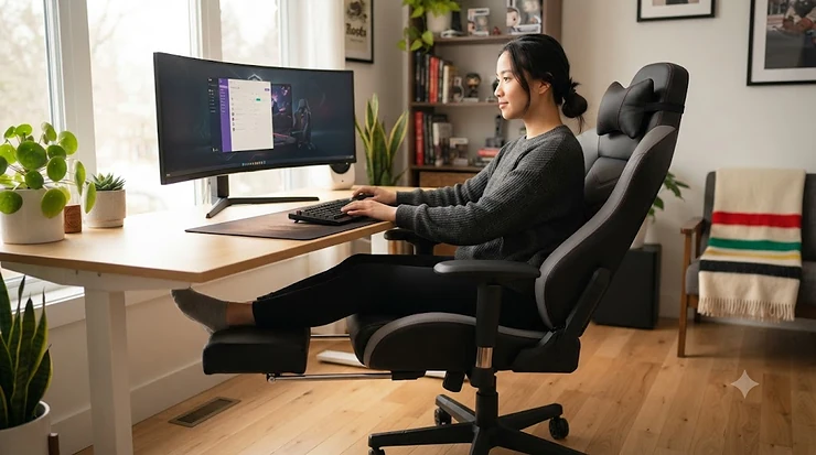 Ergonomic gaming chair with footrest in a modern Canadian home office setup, featuring adjustable lumbar support and a retractable footrest for ultimate comfort.
