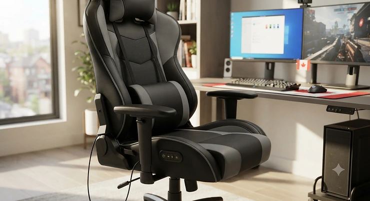 Ergonomic gaming chair with built-in lumbar massage supporting back pain relief for long work and gaming sessions in Canada. gaming chair with lumbar massage for back pain