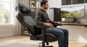 Gaming chair with built-in speakers and an adjustable padded headrest for long gaming sessions.