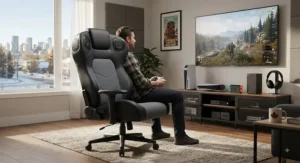 Gaming chair with integrated speakers optimized for console gaming setups in Canadian homes.
