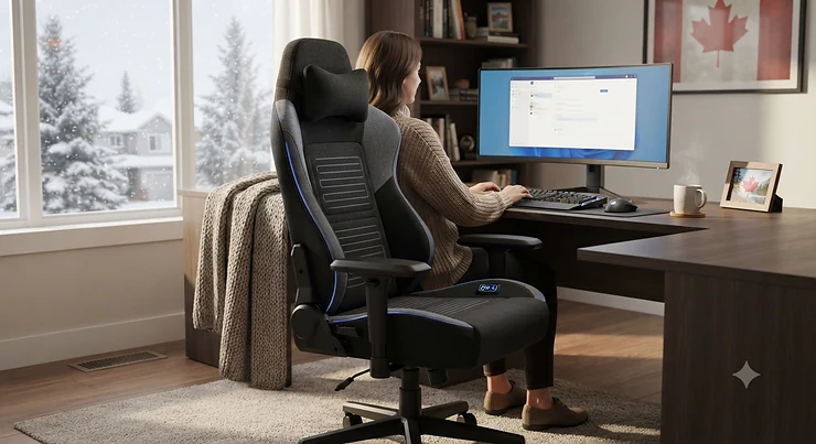 Ergonomic heated gaming chair set up in a modern Canadian home office during winter. heated gaming chair for cold home offices