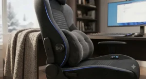 Heated gaming chair featuring adjustable lumbar support and plush cushioning for cold weather comfort.