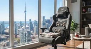 Heated massage gaming chair positioned beside a bright Toronto apartment window overlooking the city.