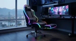 Heavy-duty gaming chair with reinforced base and sturdy footrest supporting a wider frame.
