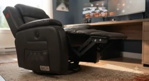 Heavy-duty reclining chair featuring a reinforced frame and footrest built for tall and large gamers in Canada.