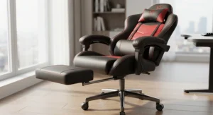 Black and red faux leather gaming chair with matching footrest and plush armrests.