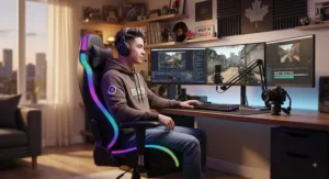Streamer sitting in an ergonomic LED gaming chair with customizable colors for an immersive content creation experience.