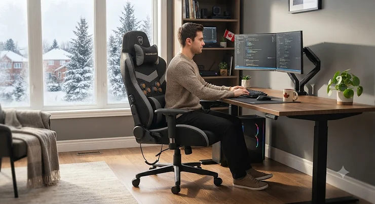 Ergonomic massage gaming chair set up in a modern Canadian home office during winter.