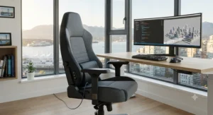 Sleek gaming chair with vibration lumbar massage positioned in a bright Vancouver apartment workspace overlooking the city.