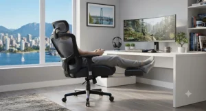 Breathable mesh gaming chair featuring a retractable footrest, positioned in a bright Vancouver apartment.
