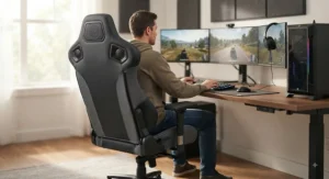 Modern gaming chair with high-fidelity speakers designed for an immersive PC gaming experience.
