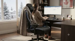 Contemporary home office desk setup featuring a black heated gaming chair designed for chilly Canadian winters.