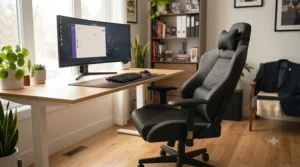 Versatile gaming chair with footrest used as an executive office desk chair for remote work setups.