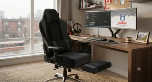 Versatile gaming chair with footrest positioned at a dual-monitor desk in a cozy Canadian apartment.