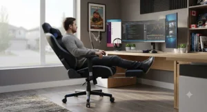 Complete PC gaming and remote work station featuring an ergonomic gaming chair with a retractable footrest.